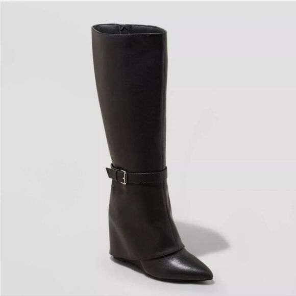 A New Day Women's Faux Leather Zipper Knee Dress Boots Wedge Heel - Picture 1 of 4